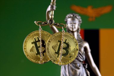 Hukuk ve adalet, fiziksel yorum-in Bitcoin ve Zambiya bayrağı sembolü. Cryptocurrencies, yönetmelikler, kısıtlamaları veya güvenlik, koruma, gizlilik yasaklanması.