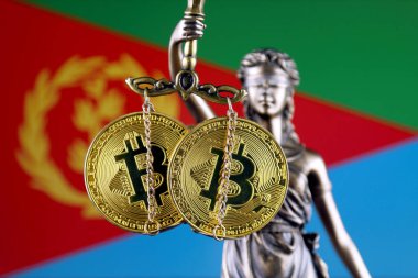 Hukuk ve adalet, fiziksel yorum-in Bitcoin ve Eritre bayrak sembolü. Cryptocurrencies, yönetmelikler, kısıtlamaları veya güvenlik, koruma, gizlilik yasaklanması.