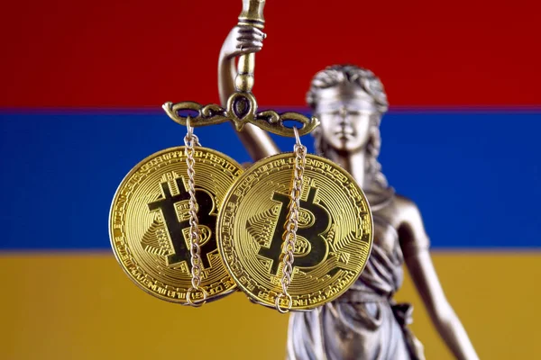Symbol Law Justice Physical Version Bitcoin Armenia Flag Prohibition Cryptocurrencies — Stock Photo, Image