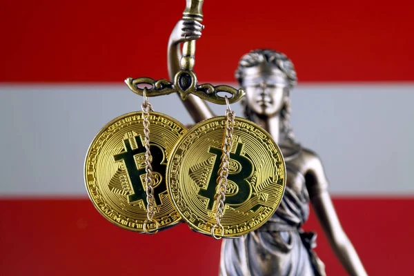 Symbol Law Justice Physical Version Bitcoin Austria Flag Prohibition Cryptocurrencies — Stock Photo, Image