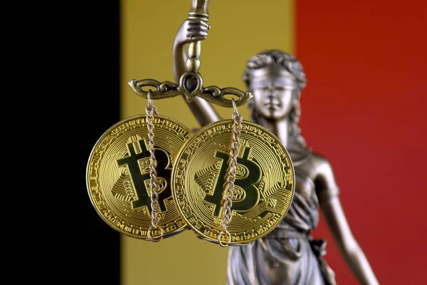 Symbol Law Justice Physical Version Bitcoin Belgium Flag Prohibition Cryptocurrencies — Stock Photo, Image