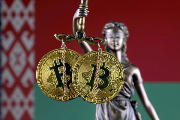 Symbol Law Justice Physical Version Bitcoin Belarus Flag Prohibition Cryptocurrencies — Stock Photo, Image