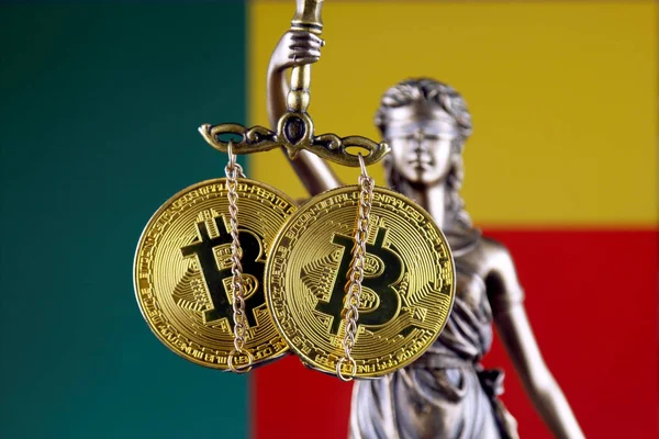 Symbol Law Justice Physical Version Bitcoin Benin Flag Prohibition Cryptocurrencies — Stock Photo, Image