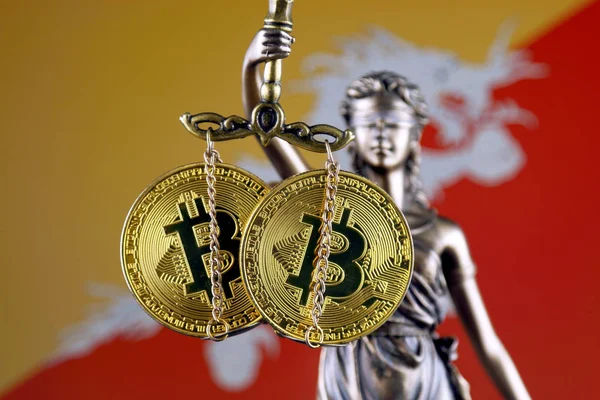 Symbol Law Justice Physical Version Bitcoin Bhutan Flag Prohibition Cryptocurrencies — Stock Photo, Image