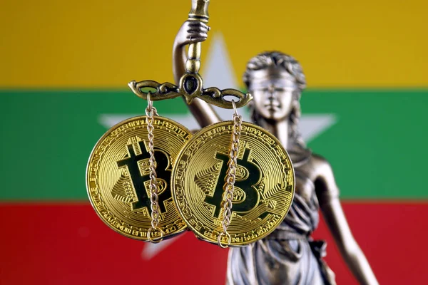 Symbol Law Justice Physical Version Bitcoin Myanmar Flag Prohibition Cryptocurrencies — Stock Photo, Image