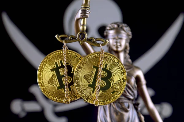Symbol Law Justice Physical Version Bitcoin Pirate Flag Prohibition Cryptocurrencies — Stock Photo, Image