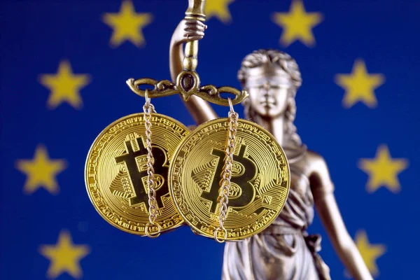 Symbol Law Justice Physical Version Bitcoin European Union Flag Prohibition — Stock Photo, Image