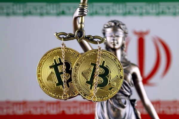 Symbol Law Justice Physical Version Bitcoin Iran Flag Prohibition Cryptocurrencies — Stock Photo, Image