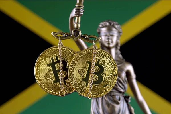 Symbol Law Justice Physical Version Bitcoin Jamaica Flag Prohibition Cryptocurrencies — Stock Photo, Image