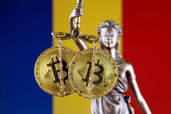 Symbol Law Justice Physical Version Bitcoin Romania Flag Prohibition Cryptocurrencies — Stock Photo, Image