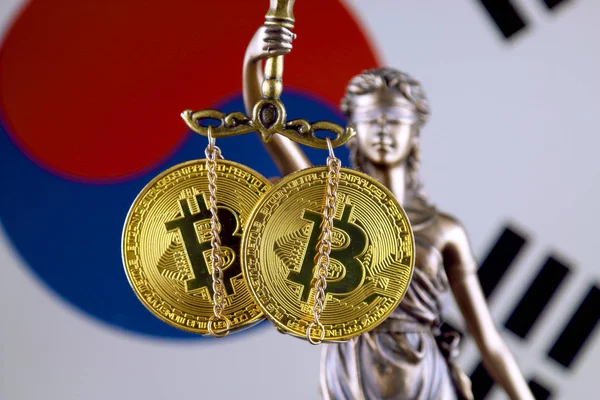 Symbole Loi Justice Version Physique Bitcoin Drapeau Corée Sud Interdiction — Photo