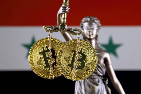 Symbol Law Justice Physical Version Bitcoin Syria Flag Prohibition Cryptocurrencies — Stock Photo, Image