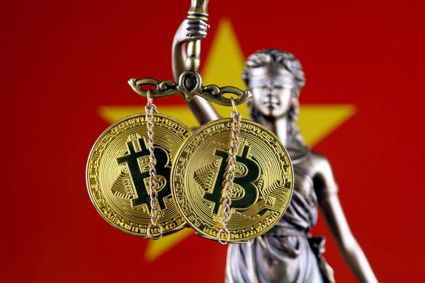 Symbol Law Justice Physical Version Bitcoin Vietnam Flag Prohibition Cryptocurrencies — Stock Photo, Image