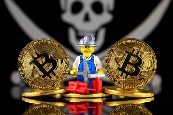 Physical Version Bitcoin New Virtual Money Miner Pirate Flag Conceptual — Stock Photo, Image