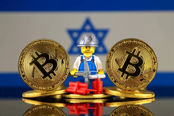 Physical Version Bitcoin Miner Israel Flag Conceptual Image Cryptocurrency Mining — Stock Photo, Image