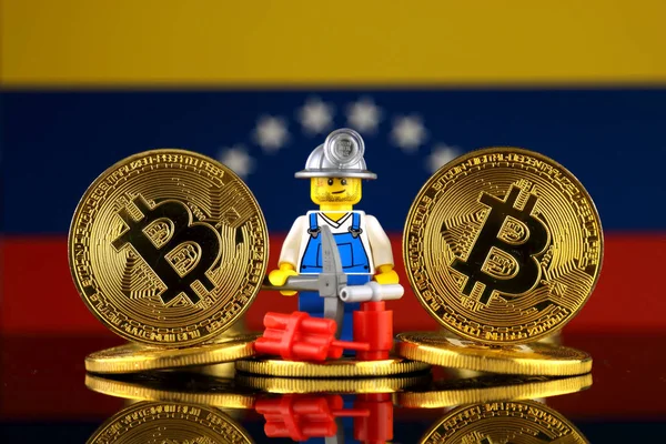 Physical Version Bitcoin Miner Venezuela Flag Conceptual Image Cryptocurrency Mining — Stock Photo, Image