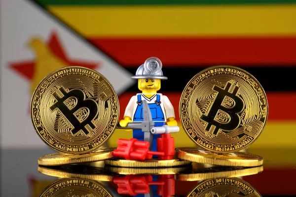 Physical Version Bitcoin Miner Zimbabwe Flag Conceptual Image Cryptocurrency Mining — Stock Photo, Image