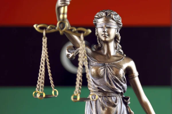 Symbool Van Recht Rechtvaardigheid Met Libië Vlag Close — Stockfoto