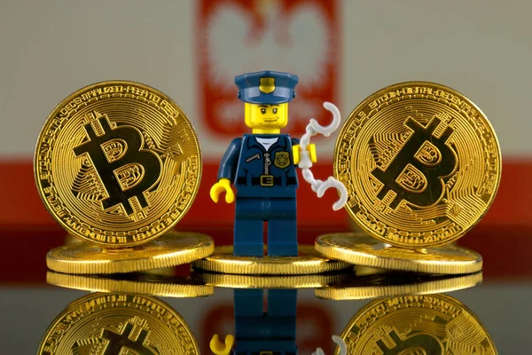 Вроцлав Польща Березня 2018 Фізичну Версії Bitcoin Офіцер Поліції Lego — стокове фото