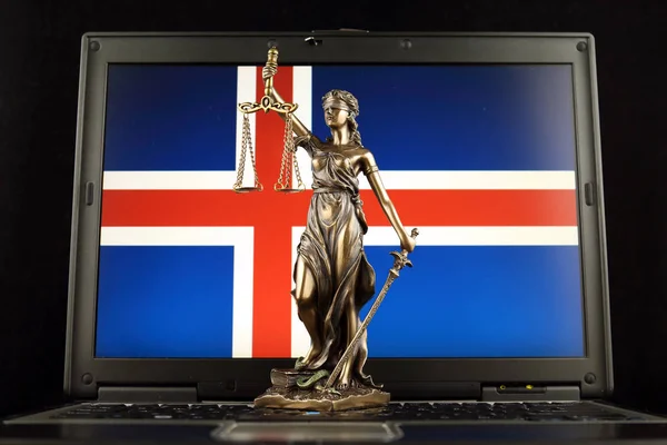 Symbol Práva Spravedlnosti Vlajkou Islandu Notebooku Studio Záběr — Stock fotografie