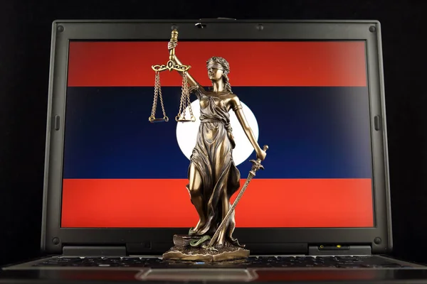 Symbole Loi Justice Avec Drapeau Laos Sur Ordinateur Portable Plan — Photo