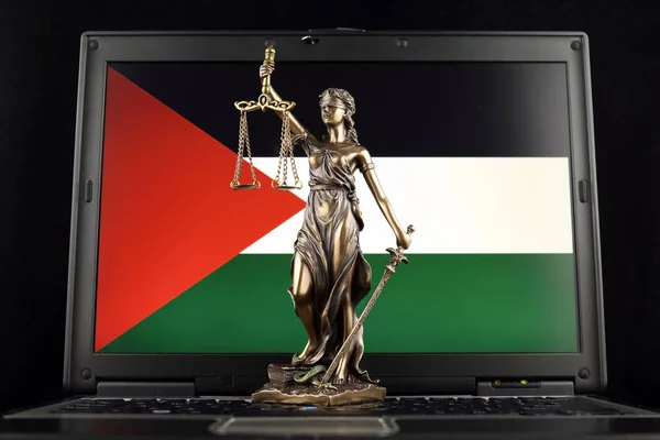 Symbol Práva Spravedlnosti Palestina Vlajka Notebooku Studio Záběr — Stock fotografie