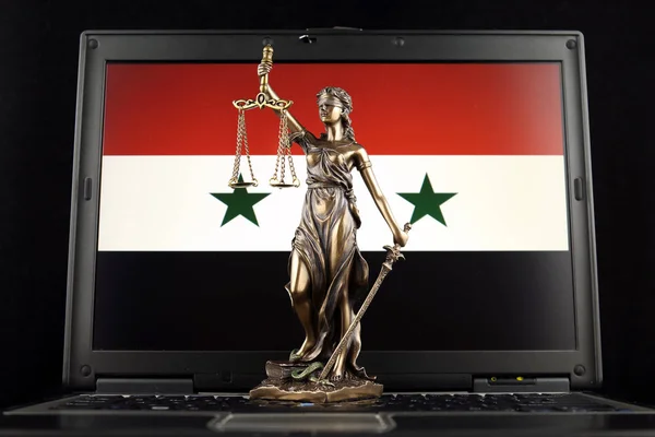 Symbol Práva Spravedlnosti Vlajka Sýrie Notebooku Studio Záběr — Stock fotografie