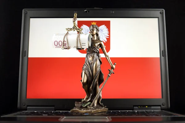 Símbolo Ley Justicia Pulido Zloty Billete Bandera Polonia Ordenador Portátil — Foto de Stock