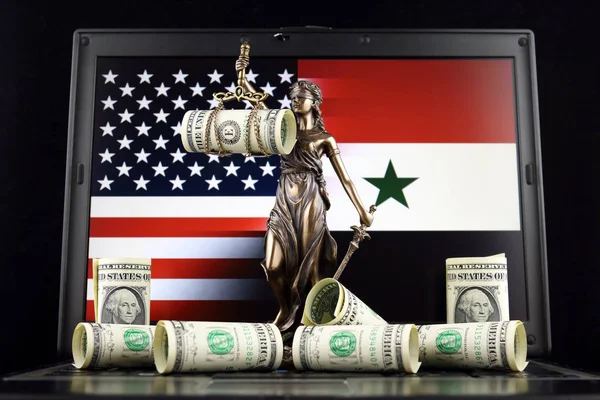 Symbol Práva Spravedlnosti Bankovky Jeden Dolar Usa Vlajka Sýrie Notebooku — Stock fotografie