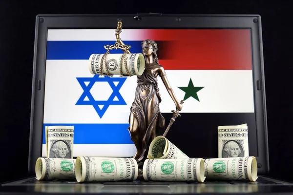 Symbol Práva Spravedlnosti Bankovky Jednoho Dolaru Izraele Sýrie Vlajky Notebooku — Stock fotografie