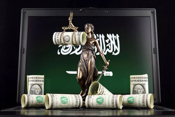 Symbol Práva Spravedlnosti Bankovky Jednoho Dolaru Saúdská Arábie Vlajka Notebooku — Stock fotografie