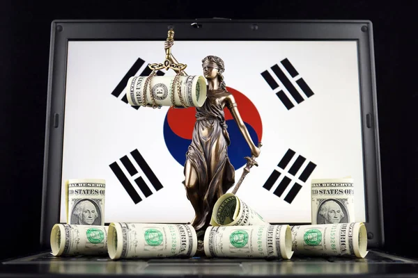 Hukuk Adalet Bir Dolar Güney Kore Bayrağı Lirası Laptop Üstünde — Stok fotoğraf