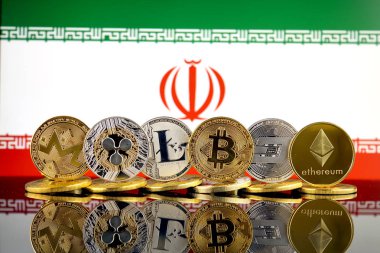 Fiziksel sürümü Cryptocurrencies (Monero, dalgalanma, Litecoin, Bitcoin, çizgi, Ethereum) ve Iran bayrağı.
