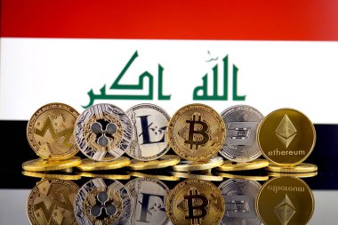 Fiziksel sürümü Cryptocurrencies (Monero, dalgalanma, Litecoin, Bitcoin, çizgi, Ethereum) ve Irak bayrağı.
