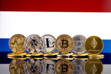 Fiziksel sürümü Cryptocurrencies (Monero, dalgalanma, Litecoin, Bitcoin, çizgi, Ethereum) ve Hollanda bayrağı.