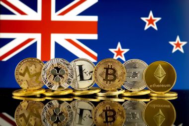 Fiziksel sürümü Cryptocurrencies (Monero, dalgalanma, Litecoin, Bitcoin, çizgi, Ethereum) ve Yeni Zelanda bayrağı.