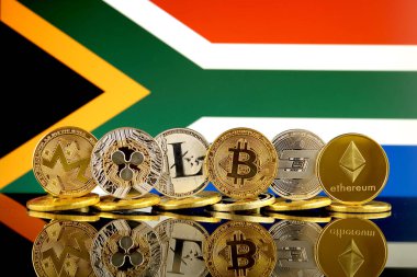 Fiziksel sürümü Cryptocurrencies (Monero, dalgalanma, Litecoin, Bitcoin, çizgi, Ethereum) ve Güney Afrika bayrağı.