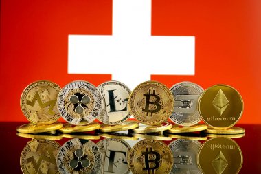 Fiziksel sürümü Cryptocurrencies (Monero, dalgalanma, Litecoin, Bitcoin, çizgi, Ethereum) ve İsviçre bayrağı.