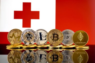Cryptocurrencies (Monero, dalgalanma, Litecoin, Bitcoin, çizgi, Ethereum) ve Tonga bayrak fiziksel sürümü.