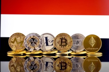Fiziksel sürümü Cryptocurrencies (Monero, dalgalanma, Litecoin, Bitcoin, çizgi, Ethereum) ve Yemen bayrağı.