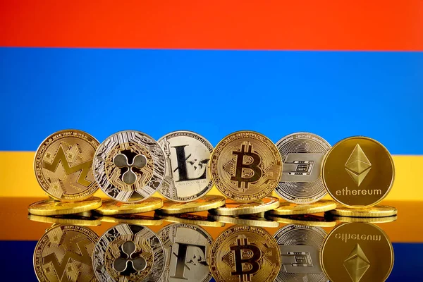 Physical Version Cryptocurrencies Monero Ripple Litecoin Bitcoin Dash Ethereum Armenia — Stock Photo, Image