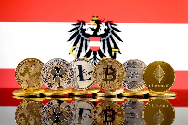 Physical Version Cryptocurrencies Monero Ripple Litecoin Bitcoin Dash Ethereum Austria — Stock Photo, Image