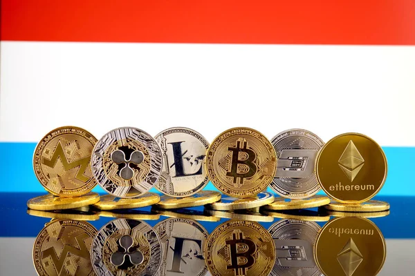 Fizikai Változata Cryptocurrencies Monero Fodrozódás Litecoin Bitcoin Kötőjel Ethereum Luxemburgi — Stock Fotó