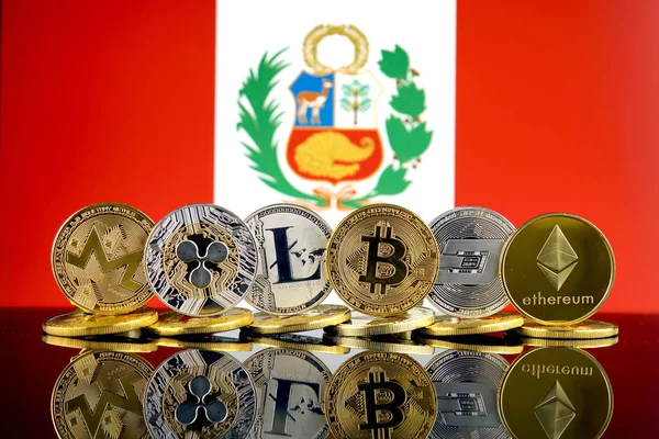 Physical Version Cryptocurrencies Monero Ripple Litecoin Bitcoin Dash Ethereum Peru — Stock Photo, Image