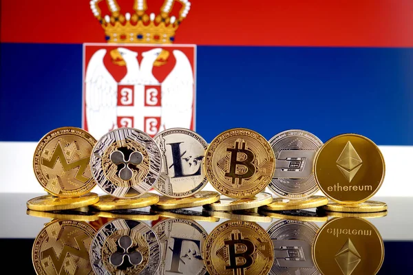 Cryptocurrencies Monero Fodrozódás Litecoin Bitcoin Kötőjel Ethereum Szerb Zászlót Fizikai — Stock Fotó