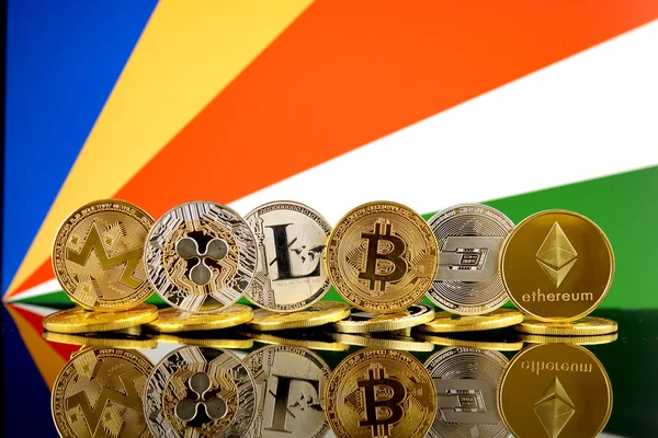 Physical Version Cryptocurrencies Monero Ripple Litecoin Bitcoin Dash Ethereum Seychelles — Stock Photo, Image