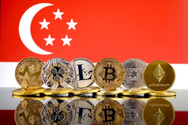 Физическая Версия Криптовалют Monero Ripple Litecoin Bitcoin Dash Ethereum Сингапурского — стоковое фото