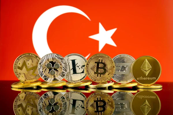 物理版本的 Cryptocurrencies Monero Litecoin 比特币 破折号 虚灵议会 和土耳其国旗 — 图库照片