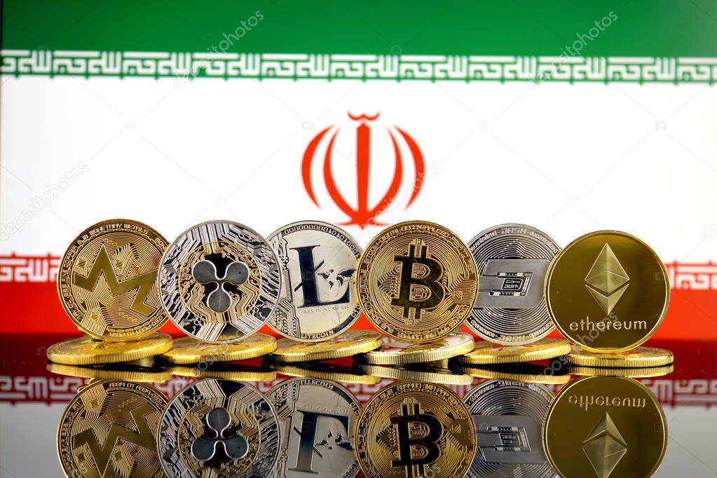 Physical version of Cryptocurrencies (Monero, Ripple, Litecoin, Bitcoin, Dash, Ethereum) and Iran Flag.