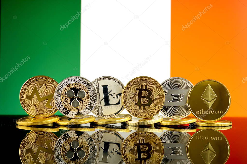 Physical version of Cryptocurrencies (Monero, Ripple, Litecoin, Bitcoin, Dash, Ethereum) and Ireland Flag.
